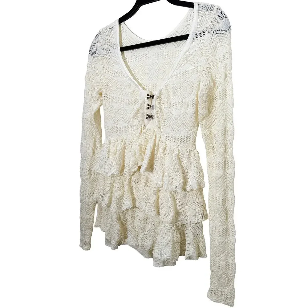 Free‎ People Women's Cream Ruffle Lace Tiered Top Peasant Bohemian Cottagecore S
